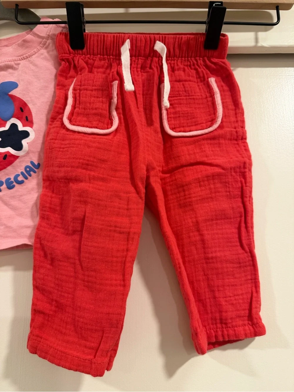 Old Navy Pink Strawberry Tee & Red Drawstring Pants with Floral White Overalls‎
